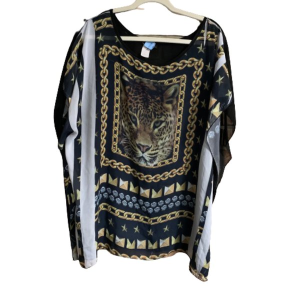 Women's CLEO Apparel 2X Graphic Sheer Lined Tiger Print Boxy & Flowy Top EUC - Picture 2 of 10